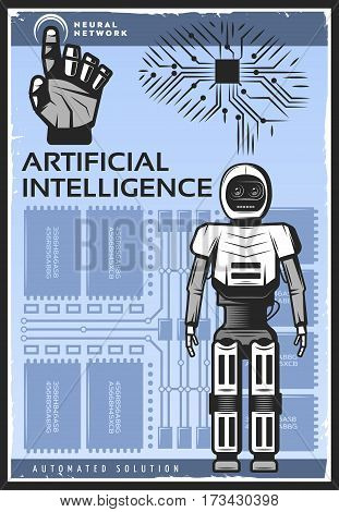 Vintage artificial intelligence poster with android cybernetic arm and neural network on technologic background vector illustration