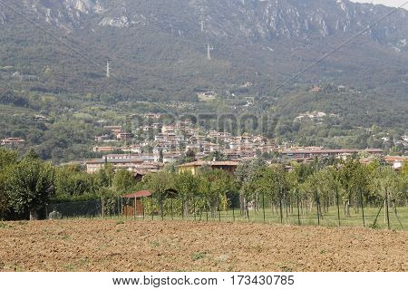 Agricultural landscape with town of Botticino in Italy