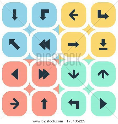 Set Of 16 Simple Pointer Icons. Can Be Found Such Elements As Left Direction, Upward Direction, Rearward And Other.