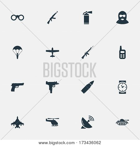 Set Of 16 Simple Terror Icons. Can Be Found Such Elements As Air Bomber, Helicopter, Rifle Gun And Other.