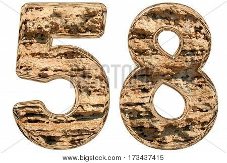 Numeral 58, Fifty Eight, Isolated On White, Natural Limestone, 3D Illustration