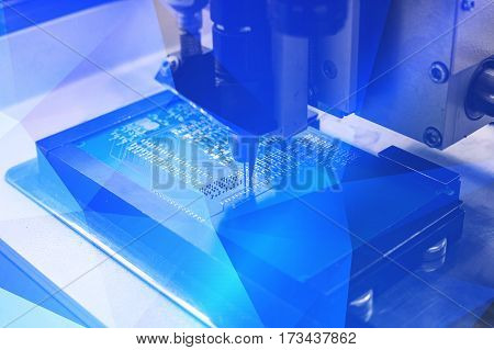 The concept of future technologies. Computer board with visual effects in a futuristic style. Automation of machine assembly of computer circuit board. The process of soldering the board.