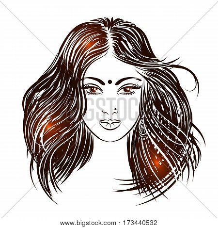 Isolated face Indian girl with luxurious hair.