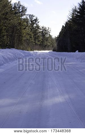 Vertical view of a snowy country road lined with full green fir trees at Pabineau Falls near Bathurst New Brunswick on a bright sunny day with blue skies and clouds in February.