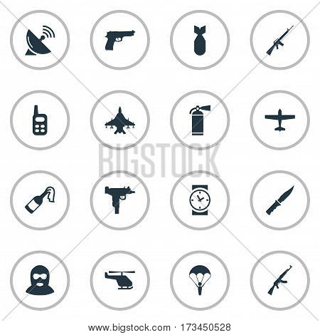 Set Of 16 Simple Terror Icons. Can Be Found Such Elements As Pistol, Helicopter, Cold Weapon And Other.