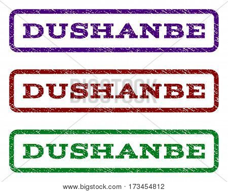 Dushanbe watermark stamp. Text tag inside rounded rectangle frame with grunge design style. Vector variants are indigo blue red green ink colors. Rubber seal stamp with unclean texture.