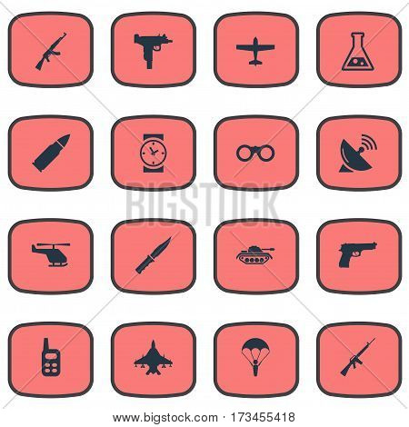 Set Of 16 Simple Terror Icons. Can Be Found Such Elements As Cold Weapon, Walkies, Firearm And Other.