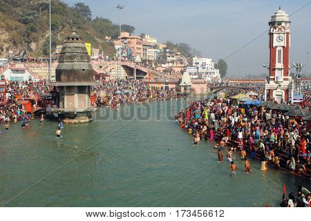 HARIDVAR, INDIA - JAN 14, 2009: During celebrations Makar Sankranti. Festival is celebrated in various parts of India to observe the day which marks the shift of the sun into ever-lengthening days.