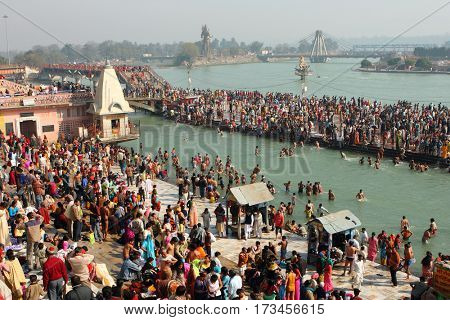 HARIDVAR, INDIA - JAN 14, 2009: During celebrations Makar Sankranti. Festival is celebrated in various parts of India to observe the day which marks the shift of the sun into ever-lengthening days.