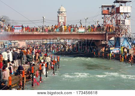 HARIDVAR, INDIA - JAN 14, 2009: During celebrations Makar Sankranti. Festival is celebrated in various parts of India to observe the day which marks the shift of the sun into ever-lengthening days.