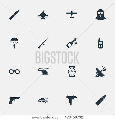 Set Of 16 Simple Battle Icons. Can Be Found Such Elements As Signal Receiver, Helicopter, Watch And Other.