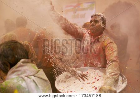 Vrindavan, India - March 21, 2016: Holi celebration at Gopinath Temple in Vrindavan, Uttar Pradesh, India.
