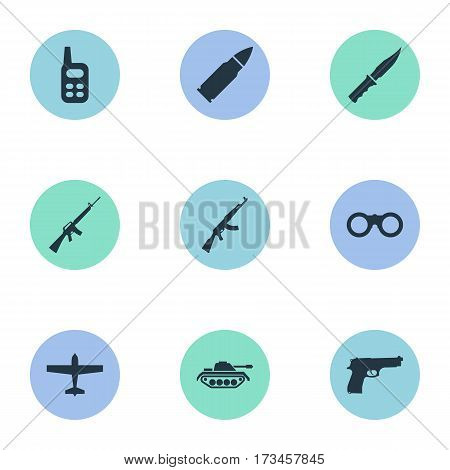 Set Of 9 Simple Terror Icons. Can Be Found Such Elements As Rifle Gun, Field Glasses, Heavy Weapon And Other.