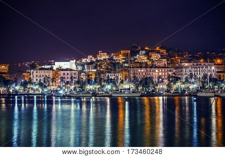 Night in the La Spezia Marina. City of La Spezia Panorama. Liguria Italy.