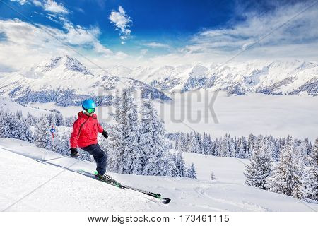 Skier in Tyrolian Alps, Kitzbuehel ski resort - one of the best ski resort in the world, Austria