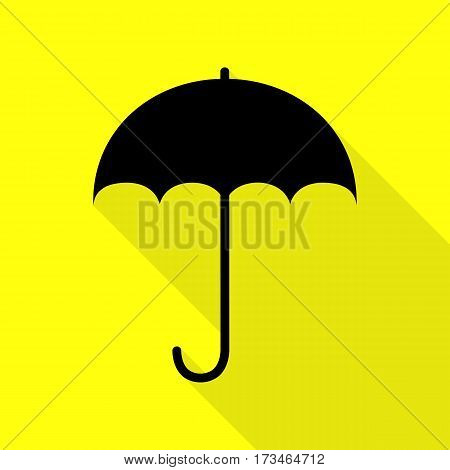 Umbrella sign icon. Rain protection symbol. Flat design style. Black icon with flat style shadow path on yellow background.
