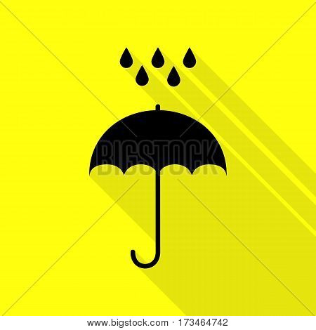 Umbrella with water drops. Rain protection symbol. Flat design style. Black icon with flat style shadow path on yellow background.