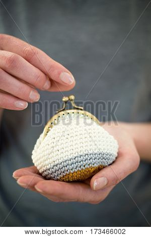 Three color handcrafted knitted woolen coin purse