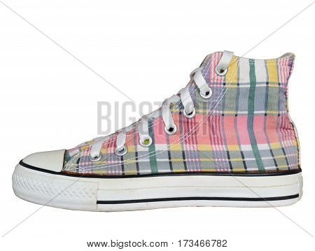 close up vintage style of sport plaid sneaker shoe isolated on white background with clipping path