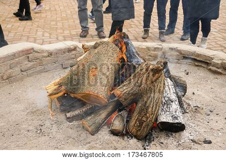close up firewood flame to keep people warm in winter