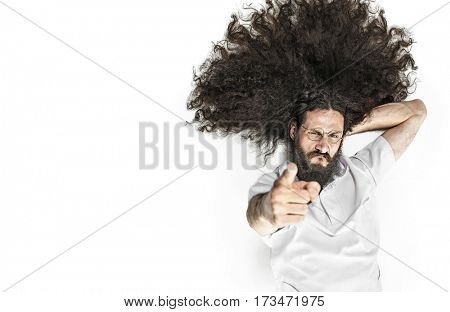 A nerdy scientist or doctor pointing at your face
