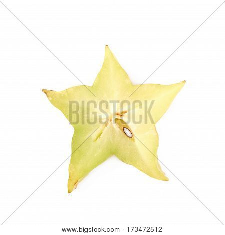 Single cross-section slice of carambola starfruit fruit isolated over the white background