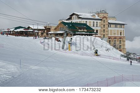 Sochi, Russia - January 21, 2017: Ski infrastructure in Gorky Gorod 960 meters above sea level