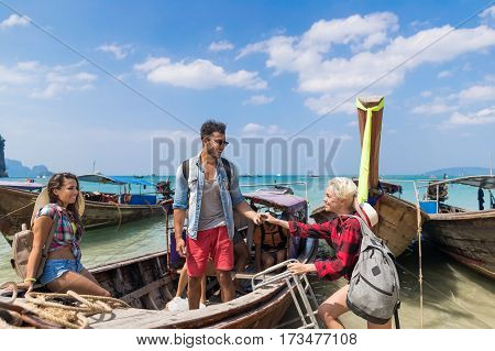 Young People Group Tourist Sail Long Tail Thailand Boat Ocean Friends Sea Vacation Travel Trip Tropical Holiday