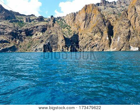 Crimean landscape of extinct Karadag volcano. Golden gate rock