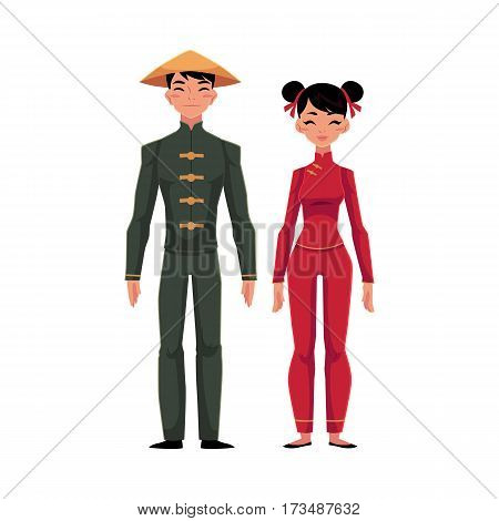 Chinese man and woman in national costumes, tunic and pants, wearing conical hat and hair buns, cartoon vector illustration isolated on white background. People from China in Chinese national clothes