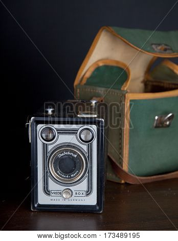 BEVERWIJK THE NETHERLANDS February 25 2017: Very old famous Vrede box standard menis camera on dark black background