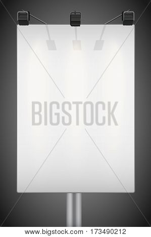 Closeup Empty mockup billboard with spotlights and illuminated at night. Verical A4 format. Vector Illustration isolated on background.
