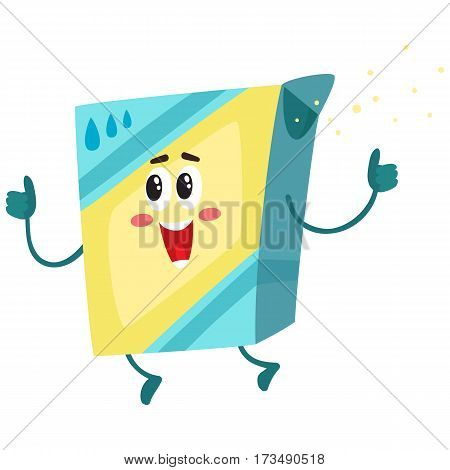 Funny washing powder, laundry detergent character with smiling human face, cartoon vector illustration isolated on white background. Smiling washing powder, laundry detergent character, house cleaning