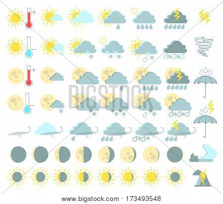 Weather set of colored icons. Rain and thunderstorms sunny tornado tsunami volcanic eruption. Vector