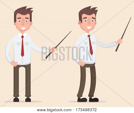 Standing businessman teacher pointing with wooden pointer stick. Vector illustration in a flat style