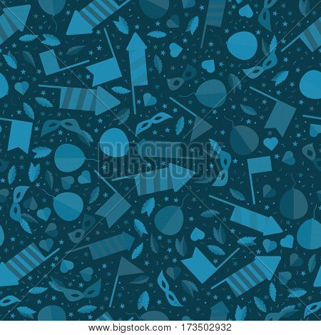 Happy Carnival Festive Seamless Pattern with Mask Firework Rocket Stars and Confetti