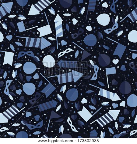 Happy Carnival Festive Seamless Pattern with Mask Firework Rocket Stars and Confetti