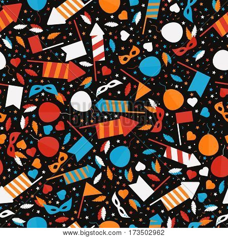 Happy Carnival Festive Seamless Pattern with Mask Firework Rocket Stars and Confetti