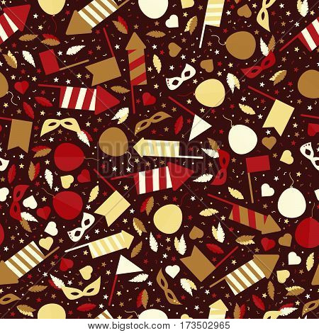 Happy Carnival Festive Seamless Pattern with Mask Firework Rocket Stars and Confetti