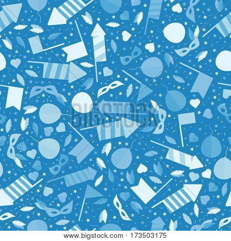 Happy Carnival Festive Seamless Pattern with Mask Firework Rocket Stars and Confetti