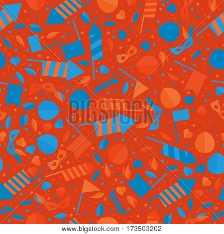 Happy Carnival Festive Seamless Pattern With Mask Firework Rocket Stars And Confetti