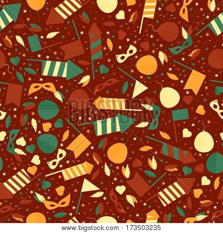 Happy Carnival Festive Seamless Pattern With Mask Firework Rocket Stars And Confetti