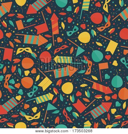 Happy Carnival Festive Seamless Pattern With Mask Firework Rocket Stars And Confetti