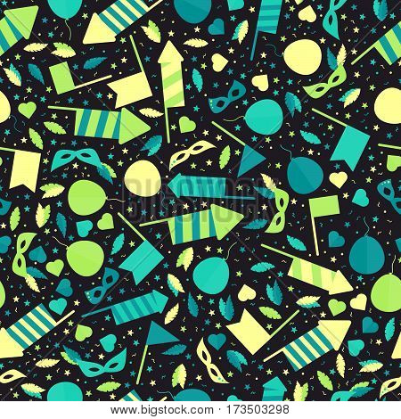 Happy Carnival Festive Seamless Pattern With Mask Firework Rocket Stars And Confetti