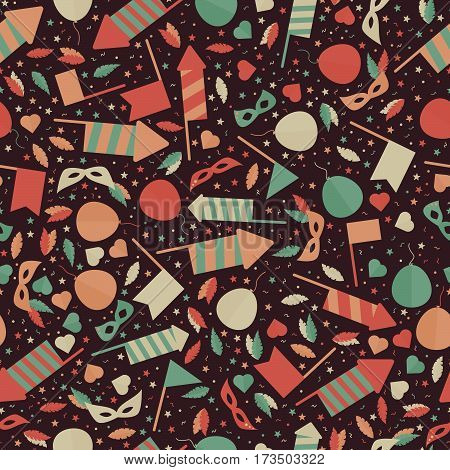 Happy Carnival Festive Seamless Pattern with Mask Firework Rocket Stars and Confetti