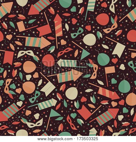 Happy Carnival Festive Seamless Pattern with Mask Firework Rocket Stars and Confetti