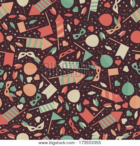 Happy Carnival Festive Seamless Pattern With Mask Firework Rocket Stars And Confetti