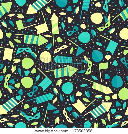 Happy Carnival Festive Seamless Pattern With Mask Firework Rocket Stars And Confetti