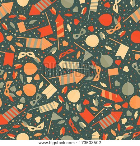Happy Carnival Festive Seamless Pattern with Mask Firework Rocket Stars and Confetti