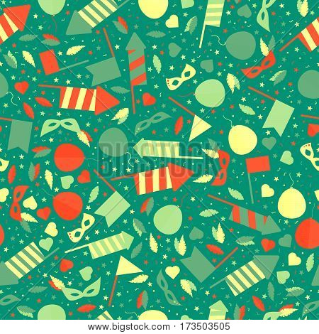 Happy Carnival Festive Seamless Pattern with Mask Firework Rocket Stars and Confetti